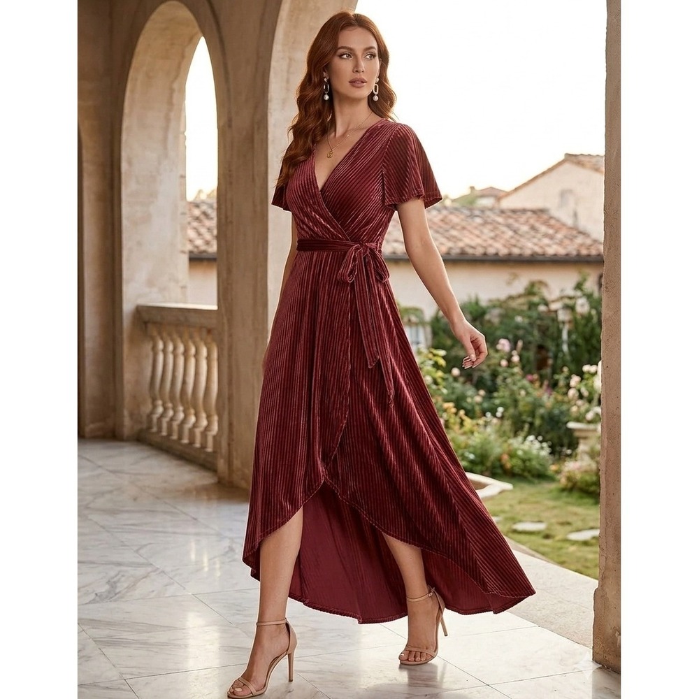 Baltic Born Burgundy Ribbed Velvet Wrap Maxi Dress XS Short Sleeve Wedding Guest